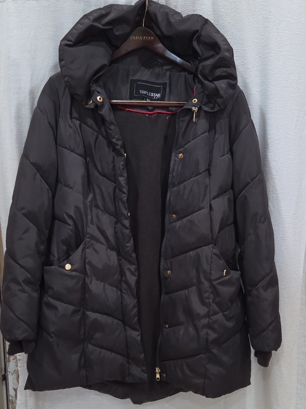 TRIPLESTAR Womens Black Solid Mid-Length Hooded Quilted Puffer Jacket Size L